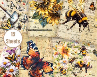 Bees & Butterflies Junk Journal Paper: Vintage Collage Sheets (Digital Download) - FA284