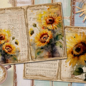 May include: Three vintage pages with watercolor sunflowers. The pages are from a ledger, a music book, and a journal. The sunflowers are painted in shades of yellow, orange, and brown.