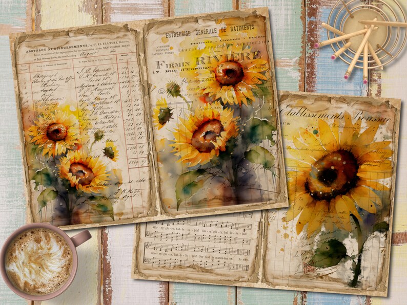 May include: Three vintage pages with watercolor sunflowers. The pages are from a ledger, a music book, and a journal. The sunflowers are painted in shades of yellow, orange, and brown.