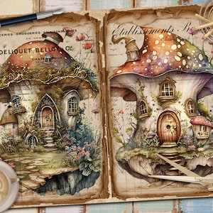 May include: Two whimsical mushroom houses with windows and doors, painted in watercolor style on a vintage background with text. The houses are surrounded by greenery and flowers.