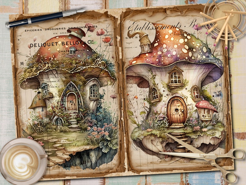 May include: Two whimsical mushroom houses with windows and doors, painted in watercolor style on a vintage background with text. The houses are surrounded by greenery and flowers.