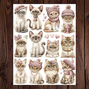 May include: A collection of illustrated cats in various poses and outfits. The cats are depicted in a cartoon style, with detailed fur and expressive eyes. Some cats wear hats, scarves, and jewelry. The color palette includes soft pinks, browns, and creams.