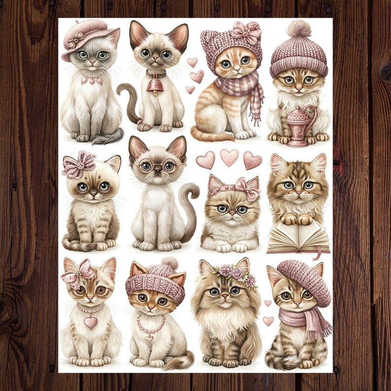 May include: A collection of illustrated cats in various poses and outfits. The cats are depicted in a cartoon style, with detailed fur and expressive eyes. Some cats wear hats, scarves, and jewelry. The color palette includes soft pinks, browns, and creams.