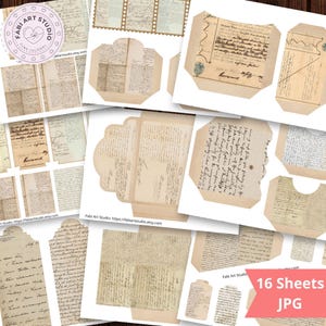 May include: A selection of vintage paper ephemera, including envelopes and handwritten letters, in a collage. The papers have a sepia tone. The text "16 Sheets JPG" is visible in the lower right corner. The image is suitable for junk journals.