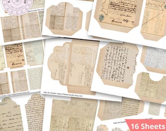 Może przedstawiać: Kolekcja papierów w stylu vintage, w tym koperty i ręcznie pisane listy. Papiery mają odcień sepii i są ułożone w kolaż. Tekst "16 Sheets JPG" jest widoczny w prawym dolnym rogu.