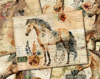 Könnte beinhalten: Eine Collage aus Vintage-Papier mit Bildern von Pferden und floralen Designs. Das Papier hat einen abgenutzten, alten Look und enthält handschriftlichen Text und Musiknoten.