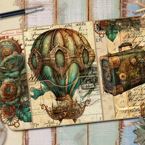 Plis de journal steampunk, journal pliable folio steampunk, feuilles de collage, documents éphémères, dossier chargé, poches, tags, étiquettes