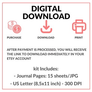 May include: A digital download instruction graphic featuring the text DIGITAL DOWNLOAD, PURCHASE, DOWNLOAD, and PRINT with corresponding icons. It states that after payment, a link is provided in the Etsy account. The kit includes 15 JPG journal pages at 8.5x11 inches and 300 DPI.