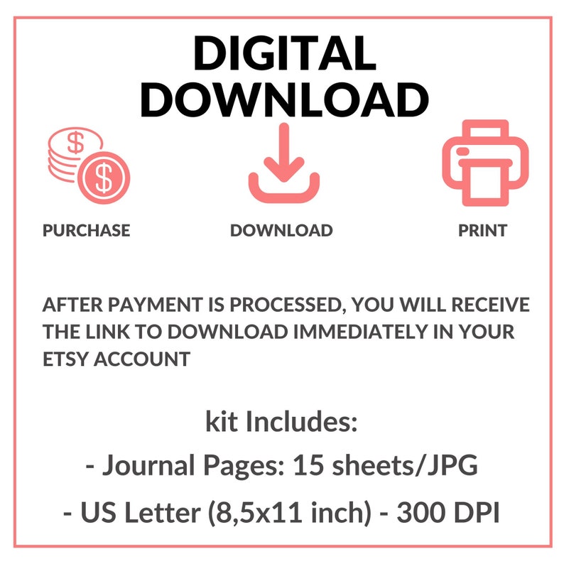 May include: A digital download instruction graphic featuring the text DIGITAL DOWNLOAD, PURCHASE, DOWNLOAD, and PRINT with corresponding icons. It states that after payment, a link is provided in the Etsy account. The kit includes 15 JPG journal pages at 8.5x11 inches and 300 DPI.