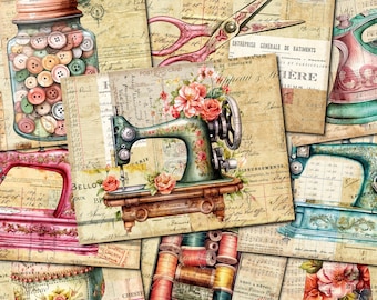 May include: A collage of vintage images featuring sewing machines, buttons, spools of thread, and handwritten text. The images are in shades of pink, blue, green, and brown, with a distressed, antique aesthetic.
