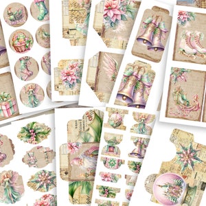 Junk Journal Kit, Christmas Junk Journal Kit with Fairy and Christmas Decorations - Tags, Envelopes, Labels, Pockets - Green & Pink Themes