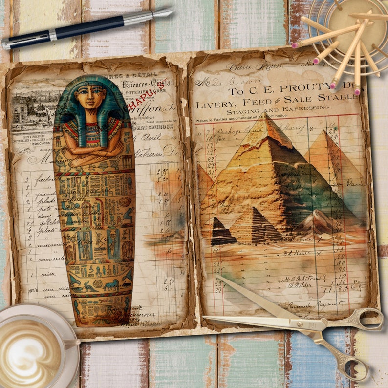 May include: An open vintage ledger book with a hand-drawn illustration of an Egyptian sarcophagus on the left page and a hand-drawn illustration of the pyramids of Giza on the right page. The pages are filled with handwritten text and numbers.