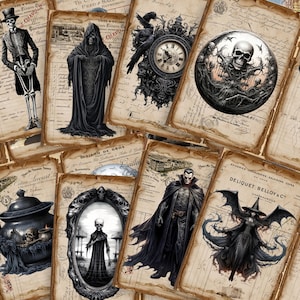 Puede incluir: Una colección de tarjetas de estilo vintage con ilustraciones góticas. Las tarjetas presentan imágenes de esqueletos, vampiros, brujas y relojes, sobre un fondo de papel envejecido con texto manuscrito. El tema general es oscuro y espeluznante.