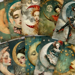 Pagine di diario di carta stravagante e celeste, stile surrealista, carta per diario di carta stravagante, carte digitali stravaganti Luna, stelle, download digitale - Set 2