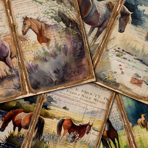 Afdrukbaar junkjournaal, wilde paarden, vintage tijdschriftpagina's, junkjournaal, vintage junkjournaal Digi Kit, dubbele pagina wilde paarden