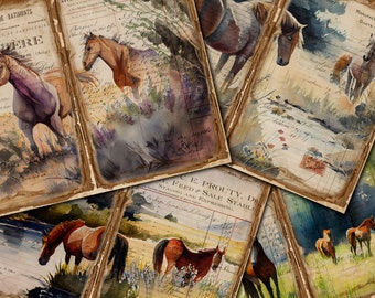 May include: A collage of vintage paper featuring watercolour paintings of horses in various poses. The paper has a worn and aged appearance, with handwritten text and numbers visible. The horses are depicted in a natural setting, with some standing in fields and others walking through forests.