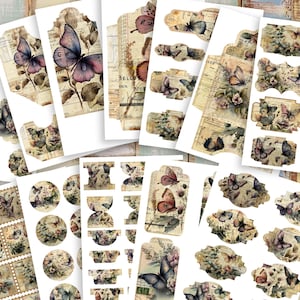 Kit de diário de borboleta vintage, kit adicional com 40 folhas, itens efêmeros, diário de objetos efêmeros, cartões, envelopes, círculos, etiquetas para itens efêmeros, etiquetas - FA200