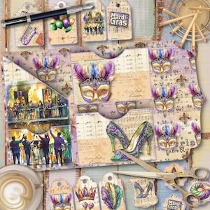 May include: A collection of colorful Mardi Gras themed paper crafts, including tags, masks, and a shoe. The tags feature the words "Mardi Gras" and "Fabrique".