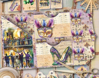 May include: A collection of colorful Mardi Gras themed paper crafts, including tags, masks, and a shoe. The tags feature the words "Mardi Gras" and "Fabrique".
