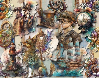 Steampunk Fussy Cut, Steampunk Stickers, Dog, lighthouse, gear, padlock, ship, clock,  , Junk Journal Digi Kit, Digital Download