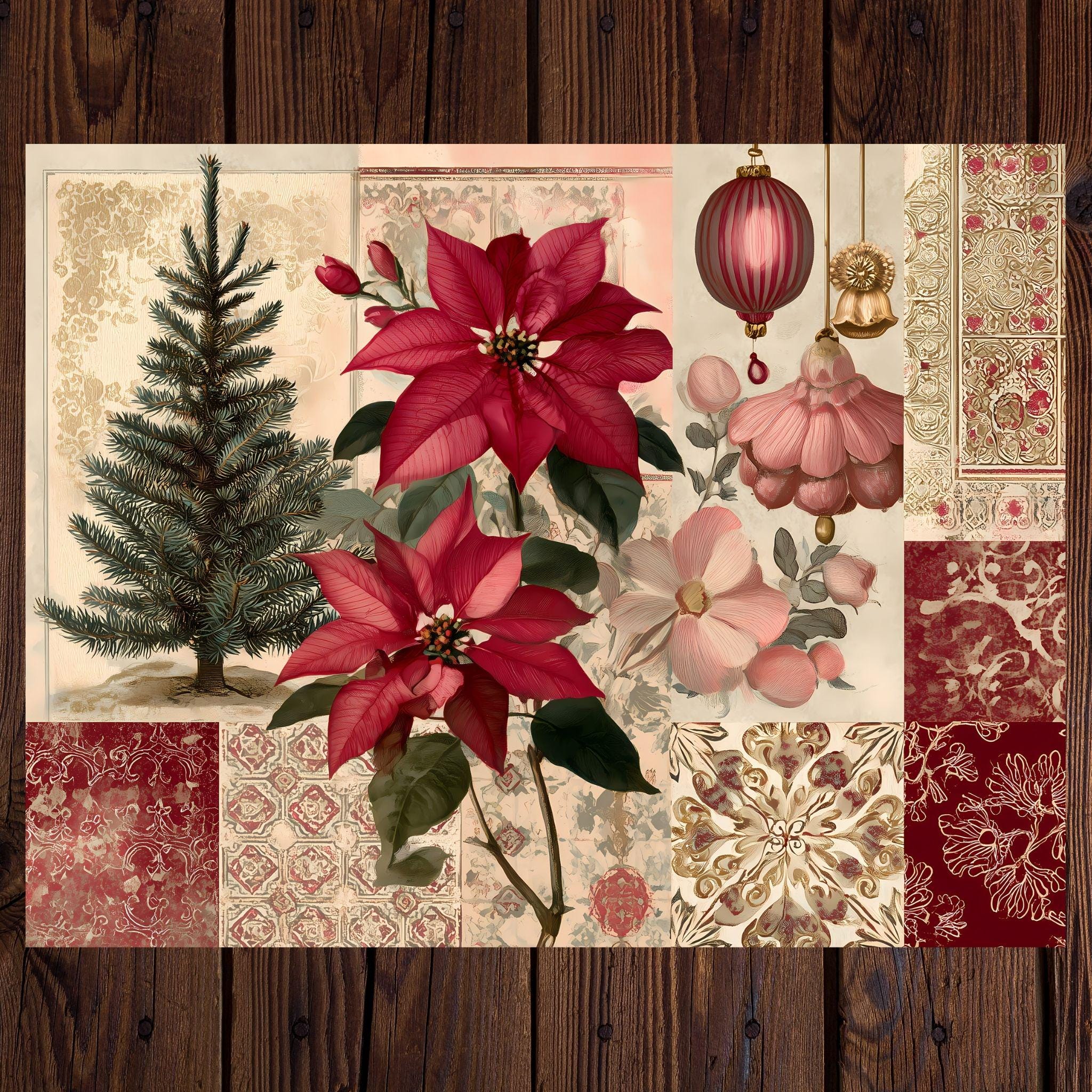 Junk Journal Vintage Christmas Collage Papers With Ruby Red Colors ...