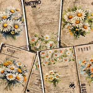 Puede incluir: Una colección de postales vintage con diseños florales de margaritas blancas sobre un fondo marrón claro. Las postales tienen texto y números escritos a mano, incluyendo "METRO 178", "GRAND PRIX", "45987", "98980" y "397B".