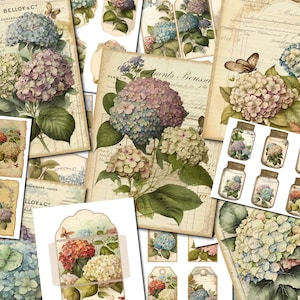 Vintage Hortensie Junk Journal Printable, Hortensie Journal Ephemera, Tags, Taschen, Karten, digitaler Download - FA199