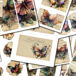 Kit de efímeras de mariposas para diario basura, complemento de mariposas, kit de efímeras para diario basura, tarjetas de diario, sobres, etiquetas de efímeras, etiquetas de diario