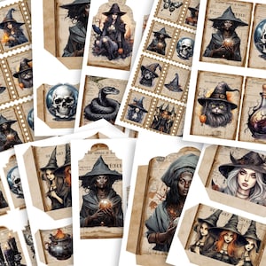 Kit de itens efêmeros de diário de bruxas de Halloween - imprimíveis digitais assustadores, mágicos, góticos e místicos - etiquetas, cartões, envelopes, bolsos - conjunto de 5