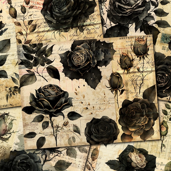 Junk Journal Printable, Black Roses , Vintage Journal Papers, Rose Junk Journal , Vintage Junk Journal Digi Kit, Printable Journal