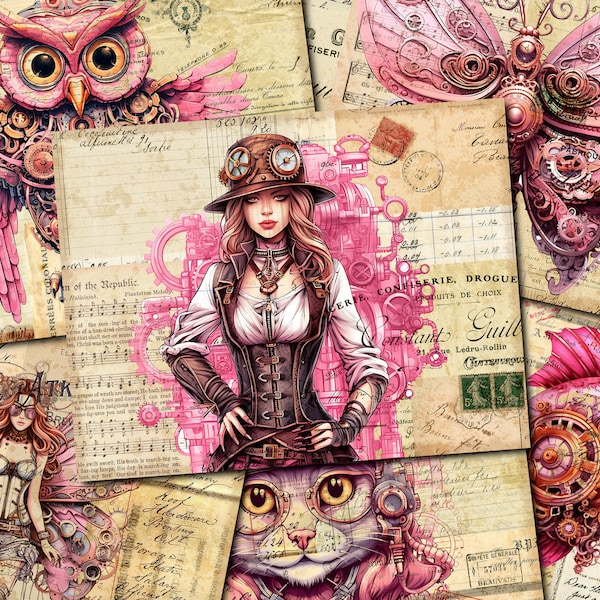 Junk Journal Printable, Pink Steampunk , Vintage Journal Papers, Steampunk Junk Journal , Vintage Junk Journal Digi Kit, Printable Journal