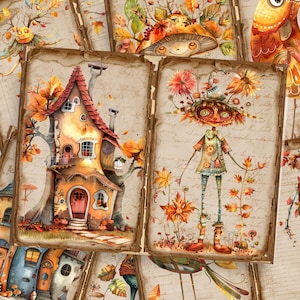 May include: A set of vintage-style cards featuring whimsical illustrations of a house in a tree, a whimsical creature with a flower crown, and a mushroom with a smiling face. The cards have a rustic, autumnal theme with brown and orange colors.