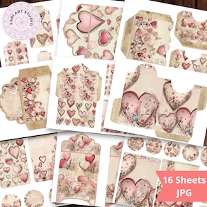 May include: A collection of 16 sheets of printable paper with a romantic theme. The designs feature various heart shapes, floral accents, and vintage-style backgrounds in shades of pink, red, and cream. The text "Fabi Art Studio" is visible in the upper left corner.