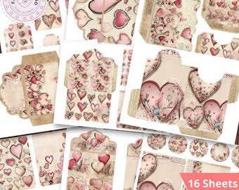 Vintage Valentine Pink Hearts Ephemera Junk Journal Kit 1: Printable Pockets, Tags, Envelopes - FA394