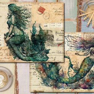 Pu&ograve; includere: Tre acquerelli di sirene con capelli e code fluttuanti. Le sirene sono su sfondo di carta vintage con testo scritto a mano e note musicali.