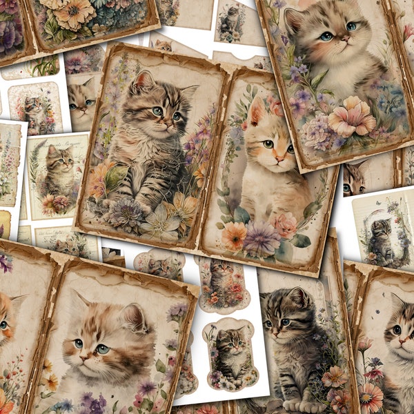 Junk Journal imprimable, chat vintage, chatons pages de journal vintage, journal indésirable, Junk Journal Digi Kit, étiquettes, pochettes, cartes, téléchargement