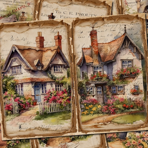 Junk Journal Printable, English Cottage House , Journal Pages, Cottage House Double Pages Junk Journal, Junk Journal Digi Kit,  Journal