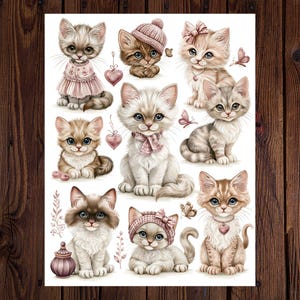 May include: A sheet of stickers featuring adorable cartoon kittens in various poses. The kittens are depicted in soft colors, wearing accessories like hats, bows, and scarves. Some kittens have heart-shaped pendants and butterflies. The overall design is cute and whimsical.