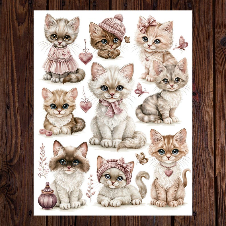 May include: A sheet of stickers featuring adorable cartoon kittens in various poses. The kittens are depicted in soft colors, wearing accessories like hats, bows, and scarves. Some kittens have heart-shaped pendants and butterflies. The overall design is cute and whimsical.