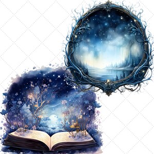 Pode incluir: Ilustra&ccedil;&atilde;o em aquarela com uma cena de fantasia com um c&eacute;u noturno estrelado, uma moldura azul decorativa e um livro aberto com uma paisagem m&aacute;gica. A obra de arte usa tons de azul, roxo e dourado.