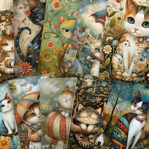 Whimsical Cats Junk Journal Kit - Magische Katzen Themen Seiten - Papiere für kreatives Journaling - JPG - PDF - Set 1