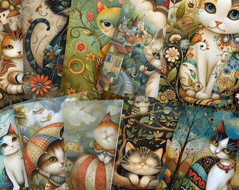 Whimsical Cats Junk Journal Kit: Magical Cat-Themed Papers (JPG, PDF)