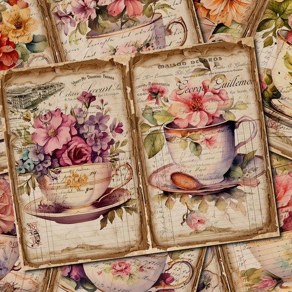 Junk Journal Printable, Floral Teacup , Vintage Journal Pages, Teacup Junk Journal , Vintage Junk Journal Digi Kit, Printable Journal