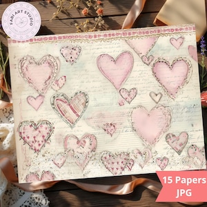 May include: A collection of 15 papers featuring pink watercolor hearts with lace and floral patterns. The papers have a vintage aesthetic with handwritten script backgrounds, perfect for junk journals and scrapbooking.