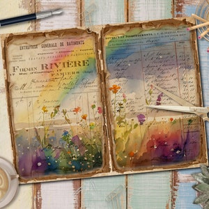 May include: An old, worn, and faded book with a watercolor painting of flowers on the cover. The book is open to a page with handwritten text and numbers. The book is on a wooden surface with a blue and white painted background.