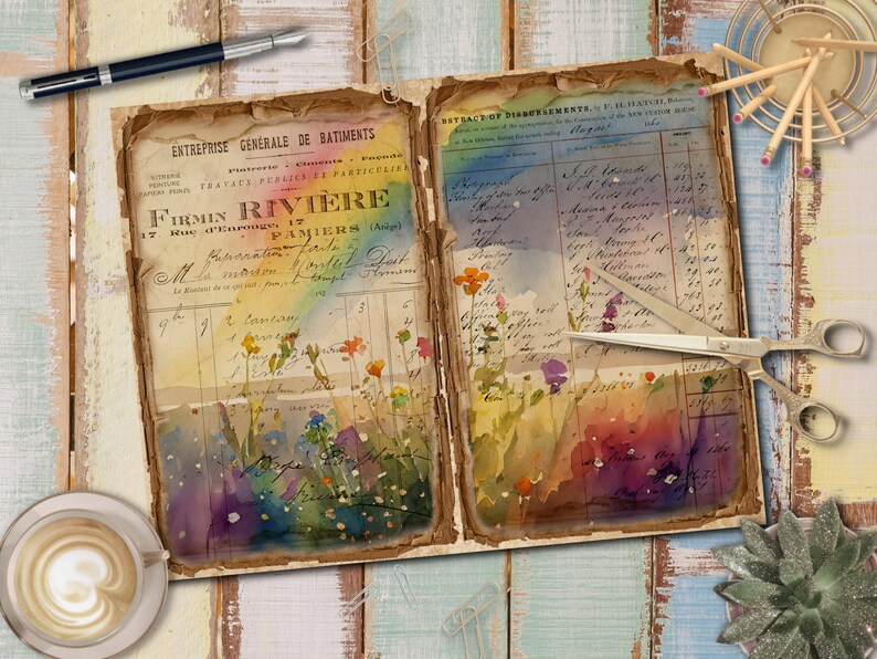 May include: An old, worn, and faded book with a watercolor painting of flowers on the cover. The book is open to a page with handwritten text and numbers. The book is on a wooden surface with a blue and white painted background.