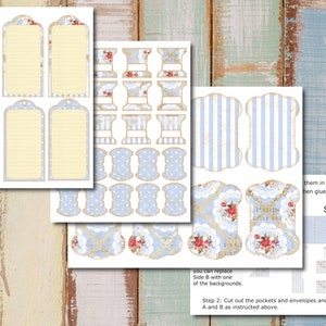 May include: Printable craft sheet with a blue and white striped pattern, a floral pattern, and a polka dot pattern. The sheet also includes several blank tags with lined paper and a blank tag with a floral pattern. The sheet is labeled "Side B".