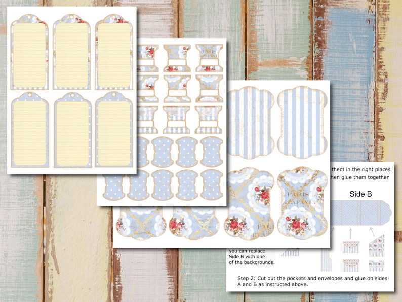 May include: Printable craft sheet with a blue and white striped pattern, a floral pattern, and a polka dot pattern. The sheet also includes several blank tags with lined paper and a blank tag with a floral pattern. The sheet is labeled "Side B".