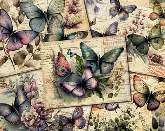 Könnte beinhalten: Eine Collage aus Vintage-Papier mit Schmetterlingen und floralen Designs. Die Schmetterlinge sind in verschiedenen Farben, darunter Blau, Grün, Lila und Pink. Das Papier hat einen verwitterten Look mit verblassten Texten und Markierungen.