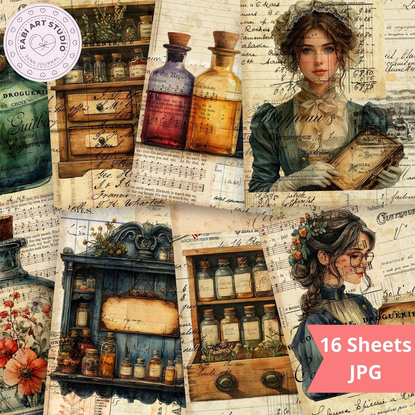 Apothecary Junk Journal Kit – Watercolor Collage Papers - (digital ...